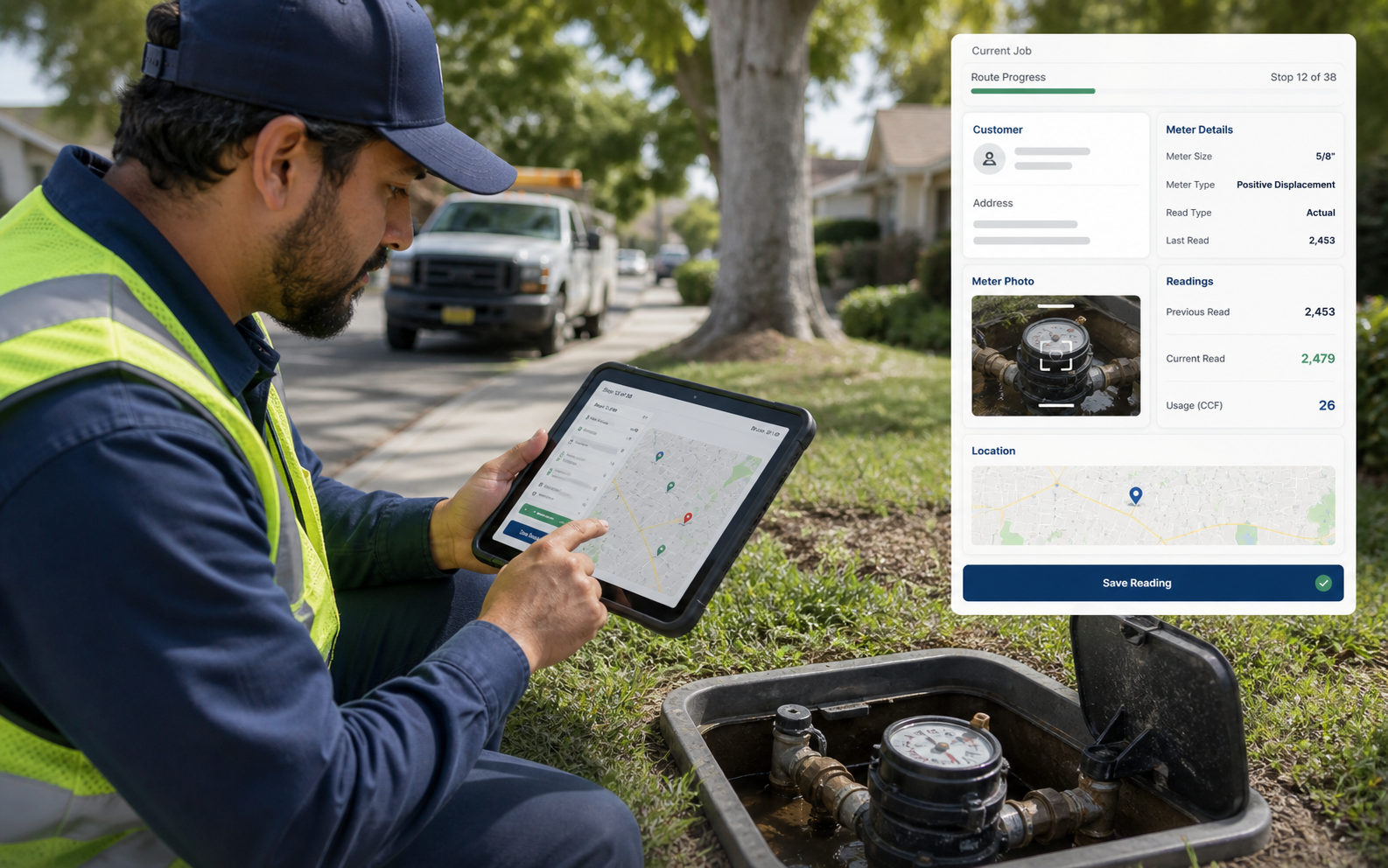 Field technician capturing meter data with a tablet