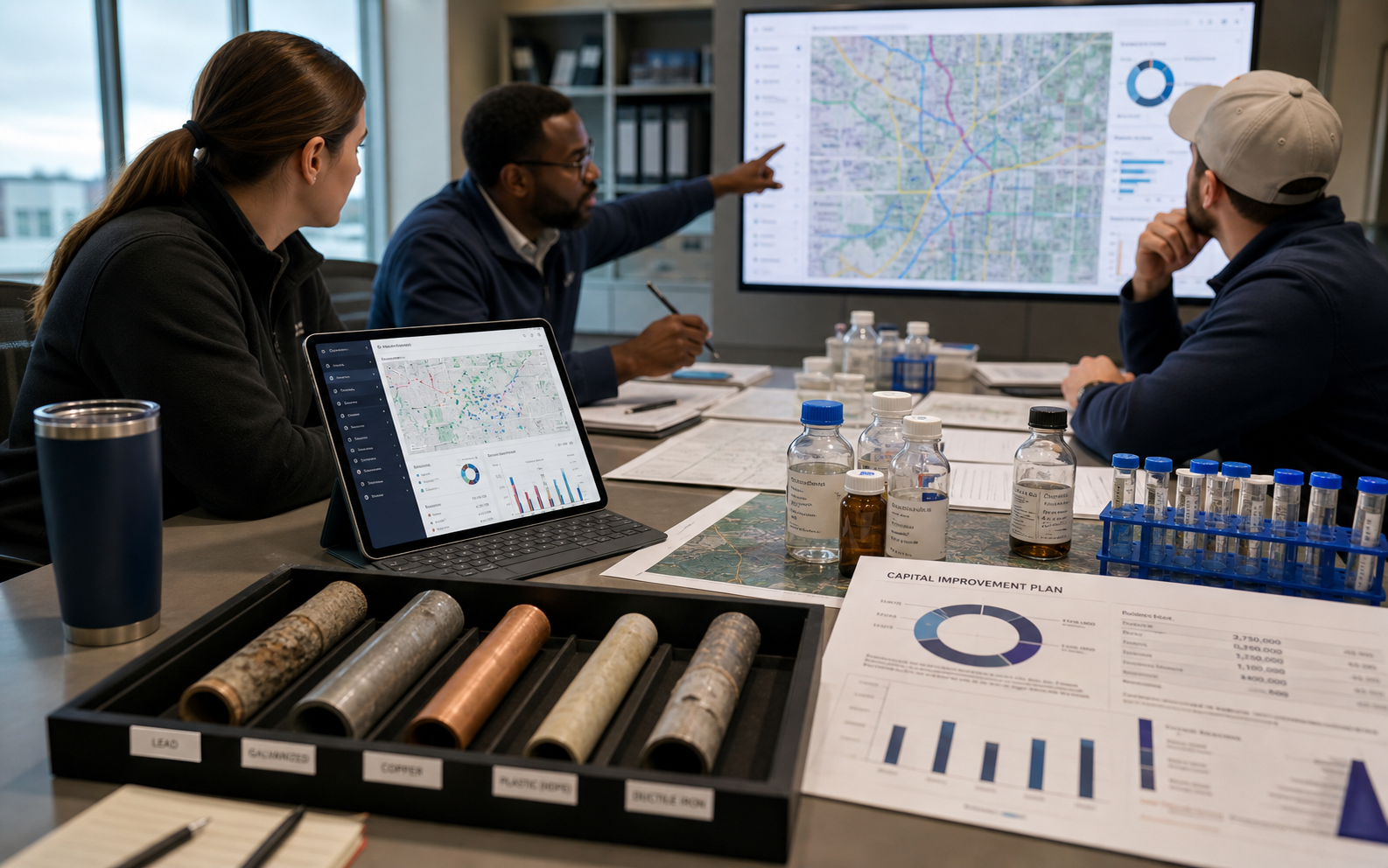 Engineers reviewing LCRR service line planning data