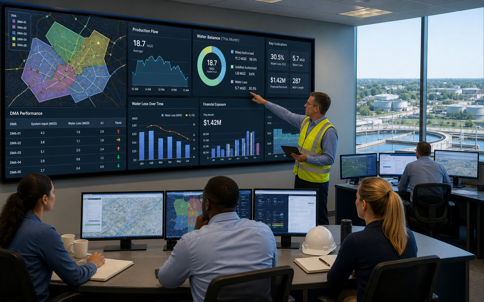Utility team reviewing NRW analytics dashboards